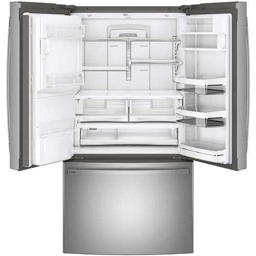 GE Profile 36-inch, 27.7 cu.ft. Freestanding French 3-Door Refrigerator with External Water and Ice Dispensing System PFE28KYNFS IMAGE 3